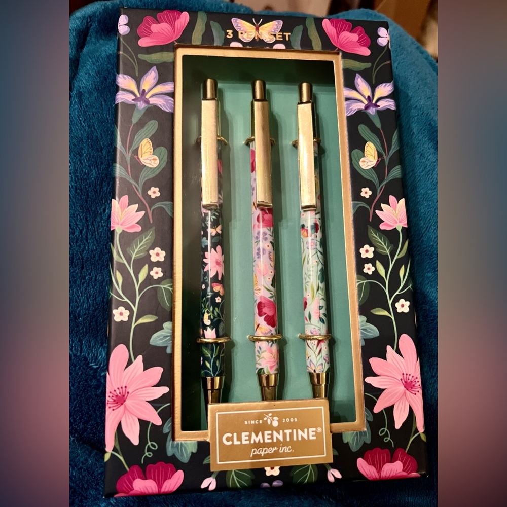 NEW Clementine Floral Pen Set. Set of Three black ink pens. Click. Gift idea.